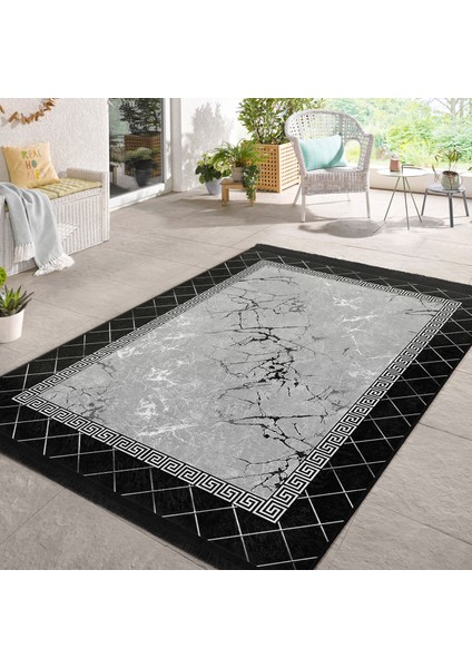 Siyah - Gri Zeminde Çerçeveli Motifli Mermer Desenli Geometrik Dijital Baskılı Makinede Yıkanabilir Kaymaz Taban Saçaklı Halı