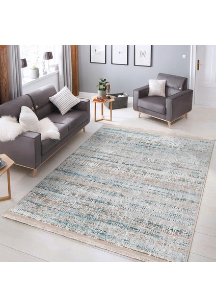 Gri - Mavi Zeminde Eskitme Motifli Dokuma Desenli Vintage Eskitme Motifli Dijital Baskılı Makinede Yıkanabilir Kaymaz Taban Saçaklı Halı