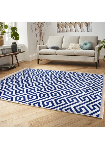 Lacivert Zeminde Geometrik Motifli Mozaik Desenli Geometrik Dijital Baskılı Makinede Yıkanabilir Kaymaz Taban Saçaklı Halı fiyatları