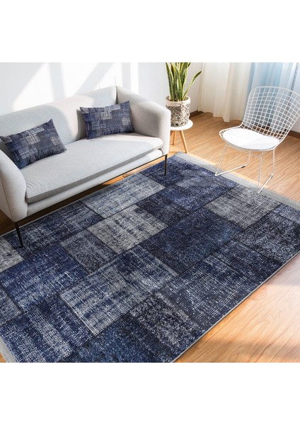 Mavi Zeminde Patchwork Motifli Retro Desenli Klasik Vintage Dijital Baskılı Makinede Yıkanabilir Kaymaz Taban Saçaklı Halı