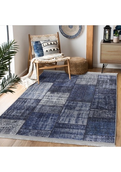 Mavi Zeminde Patchwork Motifli Retro Desenli Klasik Vintage Dijital Baskılı Makinede Yıkanabilir Kaymaz Taban Saçaklı Halı fiyatları