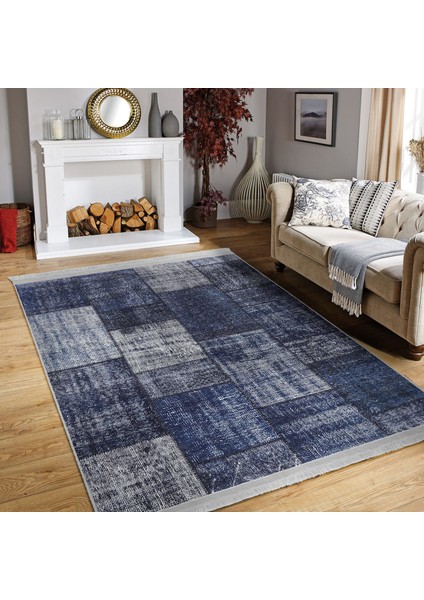 Mavi Zeminde Patchwork Motifli Retro Desenli Klasik Vintage Dijital Baskılı Makinede Yıkanabilir Kaymaz Taban Saçaklı Halı modelleri