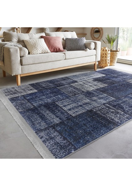 Mavi Zeminde Patchwork Motifli Retro Desenli Klasik Vintage Dijital Baskılı Makinede Yıkanabilir Kaymaz Taban Saçaklı Halı indirimleri