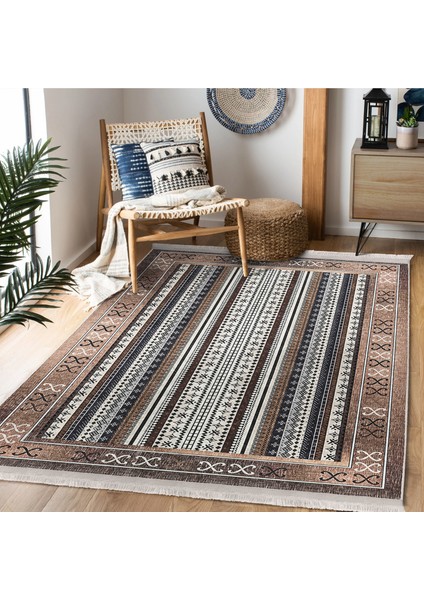 Kahverengi Zeminde Kilim Motifli Yöresel Desenli Etnik Motifler Vintage Dijital Baskılı Makinede Yıkanabilir Kaymaz Taban Saçaklı Halı fiyatları