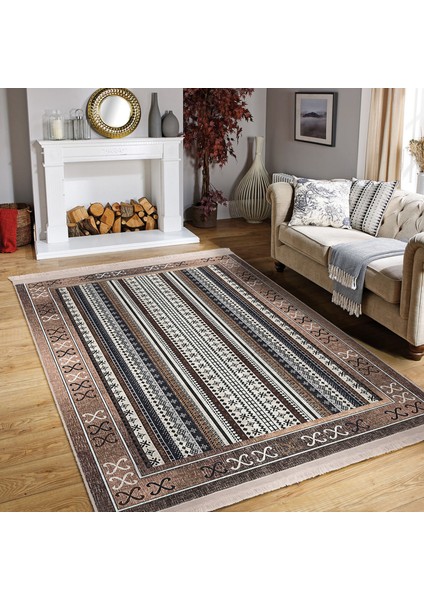Kahverengi Zeminde Kilim Motifli Yöresel Desenli Etnik Motifler Vintage Dijital Baskılı Makinede Yıkanabilir Kaymaz Taban Saçaklı Halı modelleri