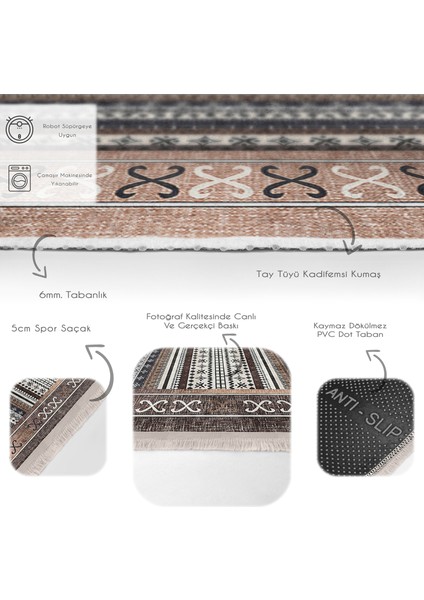 Kahverengi Zeminde Kilim Motifli Yöresel Desenli Etnik Motifler Vintage Dijital Baskılı Makinede Yıkanabilir Kaymaz Taban Saçaklı Halı fırsatları