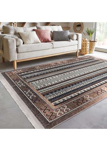 Kahverengi Zeminde Kilim Motifli Yöresel Desenli Etnik Motifler Vintage Dijital Baskılı Makinede Yıkanabilir Kaymaz Taban Saçaklı Halı indirimleri