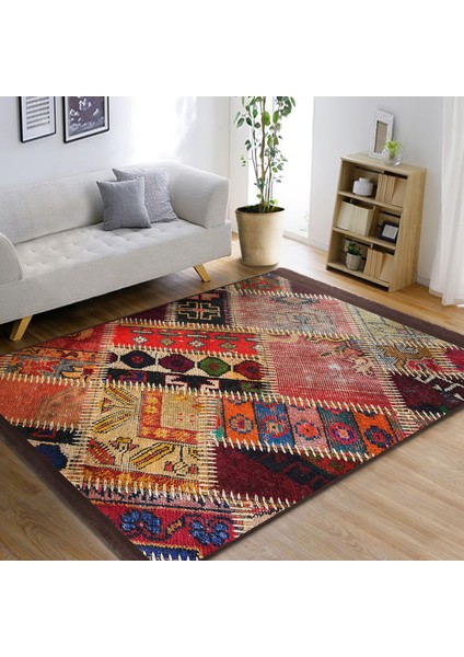 Kırmızı Zeminde Patchwork Motifli Geleneksel Desenli Vintage Etnik Motifler Dijital Baskılı Makinede Yıkanabilir Kaymaz Taban Saçaklı Halı fiyatları