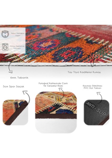 Kırmızı Zeminde Patchwork Motifli Geleneksel Desenli Vintage Etnik Motifler Dijital Baskılı Makinede Yıkanabilir Kaymaz Taban Saçaklı Halı fırsatları