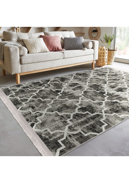 Kahverengi Zeminde Morrocan Motifli Eskitme Desenli Geometrik Vintage Dijital Baskılı Makinede Yıkanabilir Kaymaz Taban Saçaklı Halı indirimleri