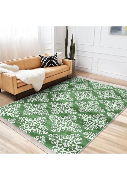 Yeşil Zeminde Damask Motifli Geleneksel Desenli Floral Vintage Dijital Baskılı Makinede Yıkanabilir Kaymaz Taban Saçaklı Halı fiyatları