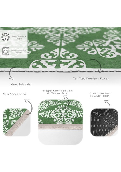 Yeşil Zeminde Damask Motifli Geleneksel Desenli Floral Vintage Dijital Baskılı Makinede Yıkanabilir Kaymaz Taban Saçaklı Halı fırsatları