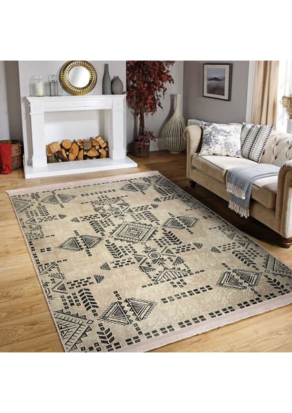 Krem - Siyah Zeminde Etnik Motifli Antika Desenli Etnik Motifler Vintage Yatak Odası Salon & Oturma Odası Dijital Baskılı Makinede Yıkanabilir Kaymaz Taban Saçaklı Halı