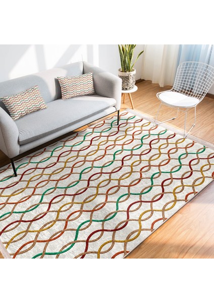 Ekru - Bej Zeminde Geometrik Motifli Kilim Desenli Geometrik Dijital Baskılı Makinede Yıkanabilir Kaymaz Taban Saçaklı Halı fiyatları