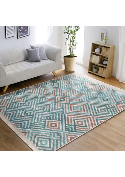Açık Mavi Zeminde Renkli Motifli Geometrik Desenli Geometrik Dijital Baskılı Makinede Yıkanabilir Kaymaz Taban Saçaklı Halı fiyatları