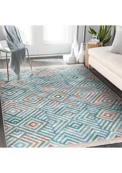 Açık Mavi Zeminde Renkli Motifli Geometrik Desenli Geometrik Dijital Baskılı Makinede Yıkanabilir Kaymaz Taban Saçaklı Halı modelleri