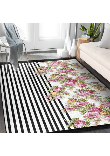 Siyah - Pembe Zeminde Çiçek Motifli Geometrik Desenli Floral Geometrik Dijital Baskılı Makinede Yıkanabilir Kaymaz Taban Saçaklı Halı fiyatları