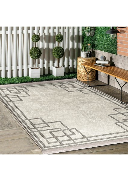 Krem Zeminde Kilim Motifli Çerçeve Desenli Geometrik Klasik Dijital Baskılı Makinede Yıkanabilir Kaymaz Taban Saçaklı Halı