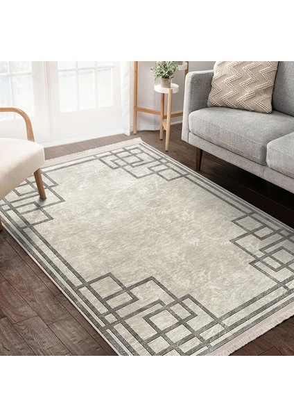 Krem Zeminde Kilim Motifli Çerçeve Desenli Geometrik Klasik Dijital Baskılı Makinede Yıkanabilir Kaymaz Taban Saçaklı Halı