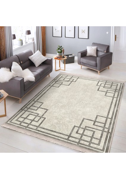 Krem Zeminde Kilim Motifli Çerçeve Desenli Geometrik Klasik Dijital Baskılı Makinede Yıkanabilir Kaymaz Taban Saçaklı Halı