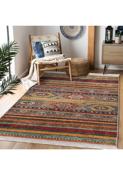 Kırmızı - Kahverengi Zeminde Geleneksel Motifli Kilim Desenli Vintage Etnik Motifler Dijital Baskılı Makinede Yıkanabilir Kaymaz Taban Saçaklı Halı fiyatları