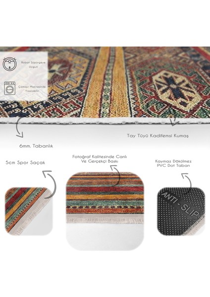 Kırmızı - Kahverengi Zeminde Geleneksel Motifli Kilim Desenli Vintage Etnik Motifler Dijital Baskılı Makinede Yıkanabilir Kaymaz Taban Saçaklı Halı fırsatları