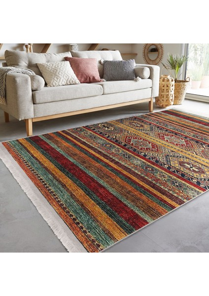 Kırmızı - Kahverengi Zeminde Geleneksel Motifli Kilim Desenli Vintage Etnik Motifler Dijital Baskılı Makinede Yıkanabilir Kaymaz Taban Saçaklı Halı indirimleri