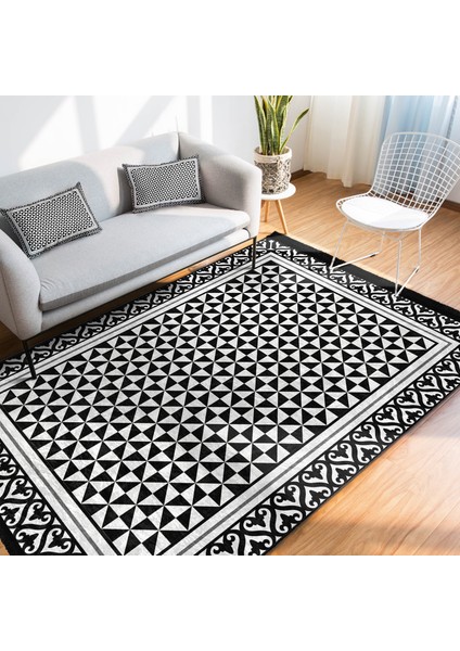 Siyah - Beyaz Zeminde Çerçeveli Motifli Geometrik Desenli Geometrik Dijital Baskılı Makinede Yıkanabilir Kaymaz Taban Saçaklı Halı fiyatları