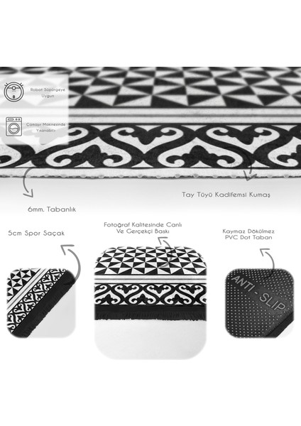 Siyah - Beyaz Zeminde Çerçeveli Motifli Geometrik Desenli Geometrik Dijital Baskılı Makinede Yıkanabilir Kaymaz Taban Saçaklı Halı fırsatları