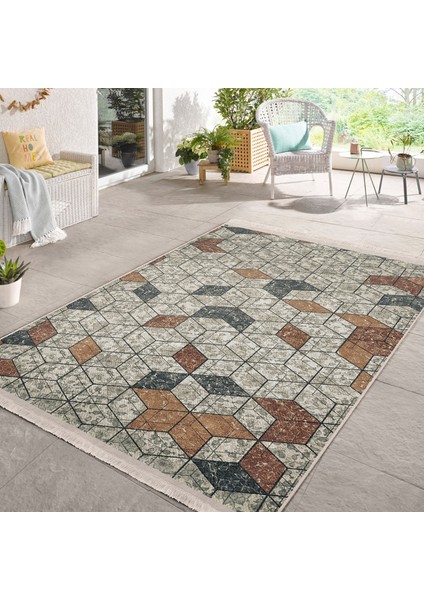 Antika Zeminde Mozaik Motifli Geometrik Desenli Geometrik Vintage Dijital Baskılı Makinede Yıkanabilir Kaymaz Taban Saçaklı Halı