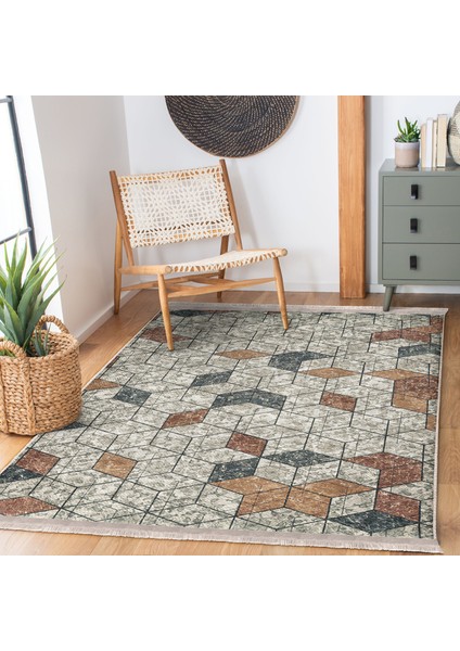 Antika Zeminde Mozaik Motifli Geometrik Desenli Geometrik Vintage Dijital Baskılı Makinede Yıkanabilir Kaymaz Taban Saçaklı Halı modelleri