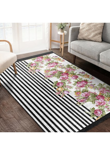 Siyah - Pembe Zeminde Çiçek Motifli Geometrik Desenli Floral Geometrik Dijital Baskılı Makinede Yıkanabilir Kaymaz Taban Saçaklı Halı indirimleri