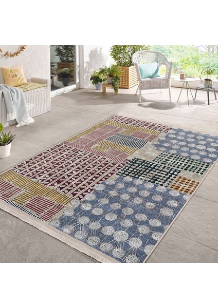 Krem Zeminde Geometrik Motifli Boya Desenli Klasik Vintage Dijital Baskılı Makinede Yıkanabilir Kaymaz Taban Saçaklı Halı modelleri