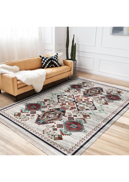 Kırmızı - Gri Zeminde Otantik Motifli Osmanlı Desenli Etnik Motifler Vintage Dijital Baskılı Makinede Yıkanabilir Kaymaz Taban Saçaklı Halı modelleri
