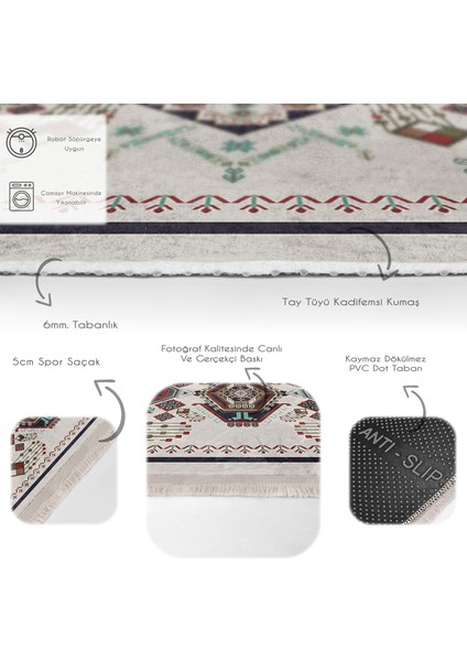 Kırmızı - Gri Zeminde Otantik Motifli Osmanlı Desenli Etnik Motifler Vintage Dijital Baskılı Makinede Yıkanabilir Kaymaz Taban Saçaklı Halı fırsatları