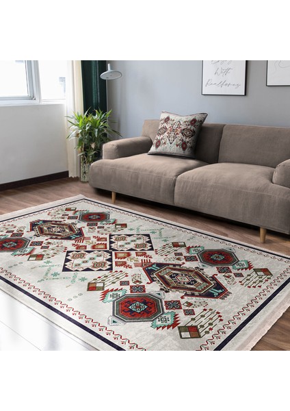 Kırmızı - Gri Zeminde Otantik Motifli Osmanlı Desenli Etnik Motifler Vintage Dijital Baskılı Makinede Yıkanabilir Kaymaz Taban Saçaklı Halı indirimleri