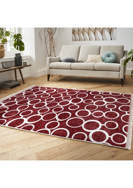 Bordo Zeminde Iskandinav Motifli Ok Desenli Geometrik Klasik Dijital Baskılı Makinede Yıkanabilir Kaymaz Taban Saçaklı Halı