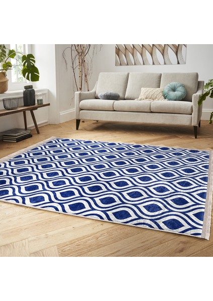 Lacivert Zeminde Geometrik Motifli Klasik Desenli Geometrik Klasik Banyo Ofis Dijital Baskılı Makinede Yıkanabilir Kaymaz Taban Saçaklı Halı