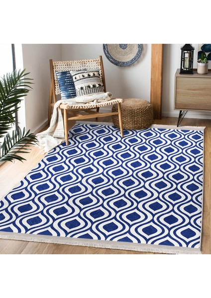 Lacivert Zeminde Geometrik Motifli Klasik Desenli Geometrik Klasik Banyo Ofis Dijital Baskılı Makinede Yıkanabilir Kaymaz Taban Saçaklı Halı modelleri