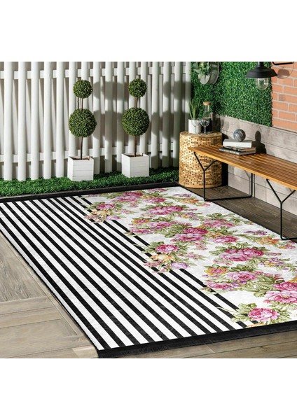 Siyah - Pembe Zeminde Çiçek Motifli Geometrik Desenli Floral Geometrik Dijital Baskılı Makinede Yıkanabilir Kaymaz Taban Saçaklı Halı modelleri