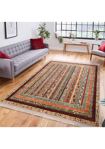 Bej Zeminde Kilim Motifli Geleneksel Desenli Avangarde Etnik Motifler Dijital Baskılı Makinede Yıkanabilir Kaymaz Taban Saçaklı Halı modelleri