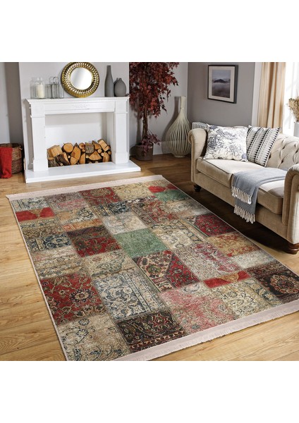 Çok Renki Zeminde Patchwork Motifli Eskitme Desenli Etnik Motifler Vintage Dijital Baskılı Makinede Yıkanabilir Kaymaz Taban Saçaklı Halı