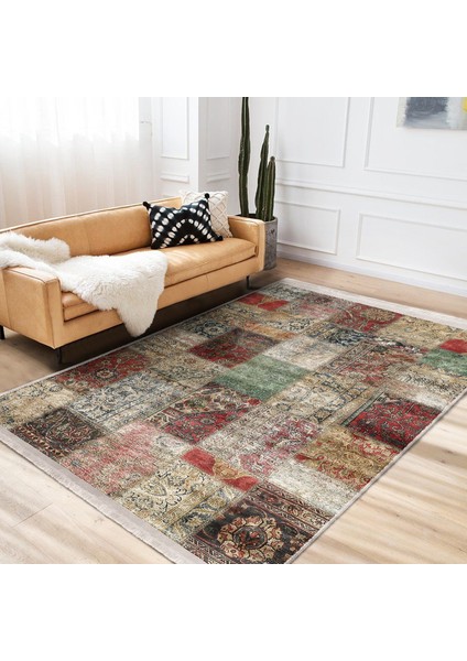 Çok Renki Zeminde Patchwork Motifli Eskitme Desenli Etnik Motifler Vintage Dijital Baskılı Makinede Yıkanabilir Kaymaz Taban Saçaklı Halı modelleri