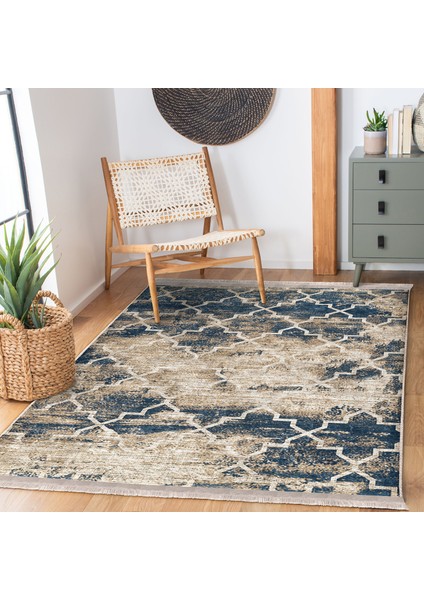 Krem Zeminde Morrocan Motifli Otantik Desenli Geometrik Eskitme Motifli Dijital Baskılı Makinede Yıkanabilir Kaymaz Taban Saçaklı Halı