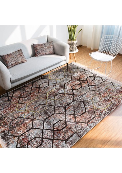 Eskitme Zeminde Geometrik Motifli Kanvas Desenli Eskitme Motifli Geometrik Baskılı Makinede Yıkanabilir Kaymaz Taban Saçaklı Halı modelleri