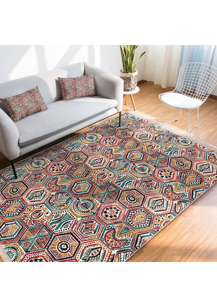 Beyaz Zeminde Art Deco Motifli Etnik Desenli Geometrik Vintage Çocuk & Genç Odası Mutfak Dijital Baskılı Makinede Yıkanabilir Kaymaz Taban Saçaklı Halı