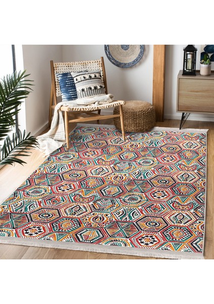 Beyaz Zeminde Art Deco Motifli Etnik Desenli Geometrik Vintage Çocuk & Genç Odası Mutfak Dijital Baskılı Makinede Yıkanabilir Kaymaz Taban Saçaklı Halı fiyatları