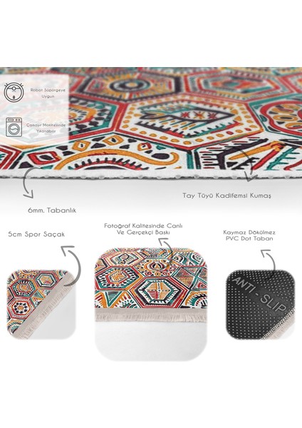 Beyaz Zeminde Art Deco Motifli Etnik Desenli Geometrik Vintage Çocuk & Genç Odası Mutfak Dijital Baskılı Makinede Yıkanabilir Kaymaz Taban Saçaklı Halı fırsatları