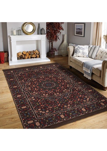 Kahverengi Zeminde Kilim Motifli Etnik Desenli Etnik Motifler Vintage Dış Mekan & Outdoor Yatak Odası Dijital Baskılı Makinede Yıkanabilir Kaymaz Taban Saçaklı Halı fiyatları
