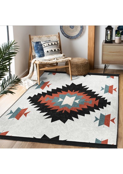 Siyah Zeminde Retro Motifli Kilim Desenli Geometrik Klasik Dijital Baskılı Makinede Yıkanabilir Kaymaz Taban Saçaklı Halı